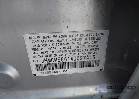 2004 Honda Accord 2.4 Ex from USA, damaged, VIN JHMCM56614C027415